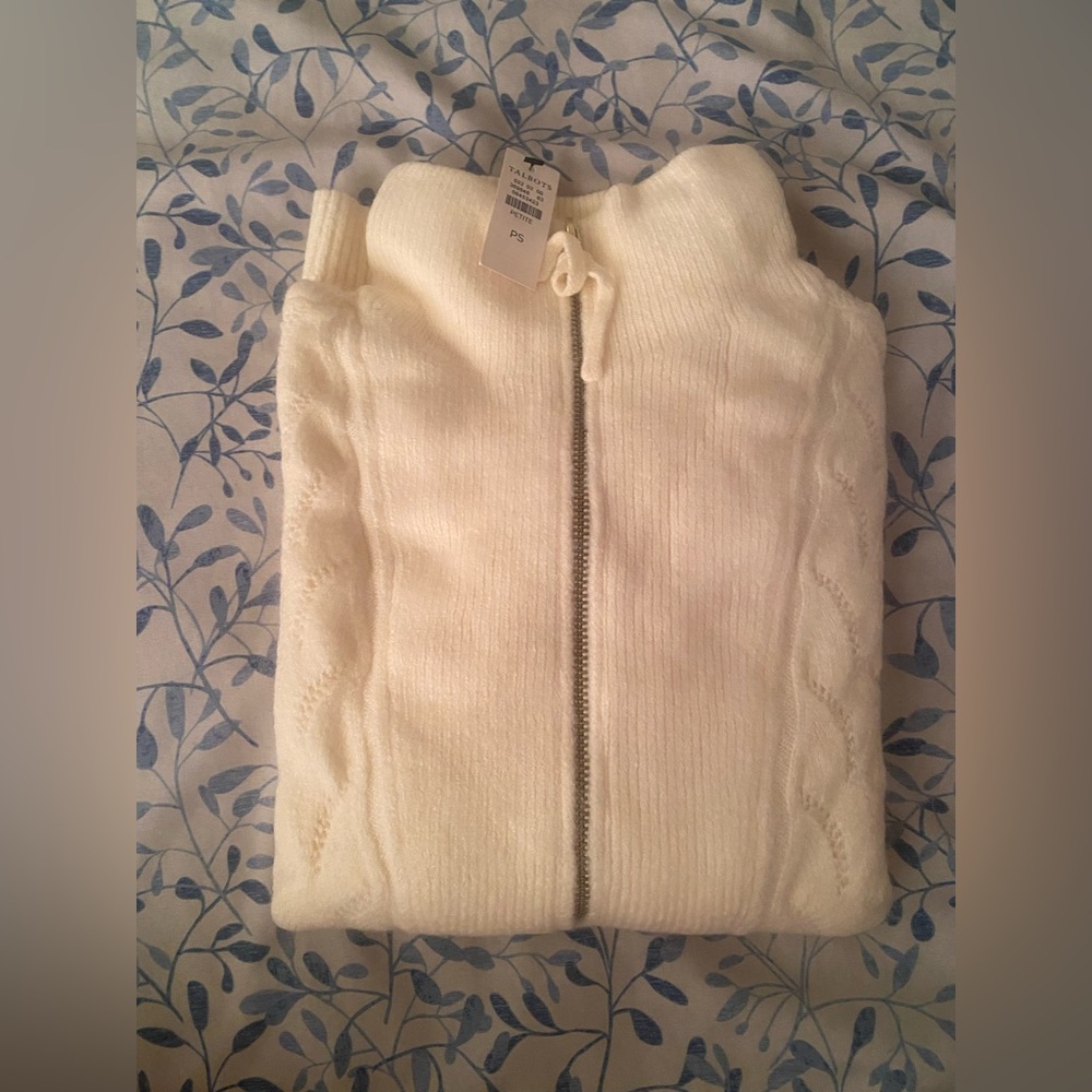 Talbots Cream Zip-Front V-Neck Cable Sweater
